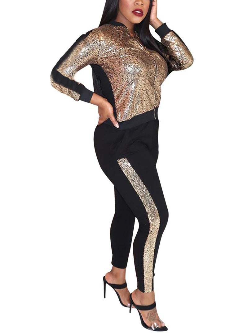 SIAEAMRG Women 2 Piece Glitter Sequin Outfits Tracksuit, Long Sleeve Jacket Tops Bodycon Long Pants Sparkle Sweatsuit Club Wear (XXL, Rose Gold) - Image 2